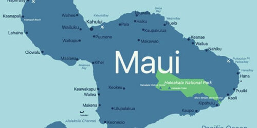 A map of the island of Maui, showing the locations of cities, towns, and the boundaries of Haleakala National Park.