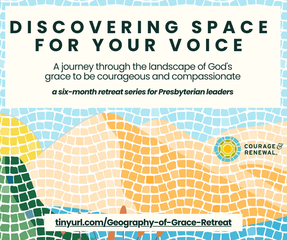 A tile mosaic of yellow, tan, and green hills with a blue river running through them, and a lighter blue sky above. Text in the sky-space reads: "Discovering Space for Your Voice, A journey through the landscape of God's grace to be courageous and compassionate. A six-month retreat series for Presbyterian leaders.